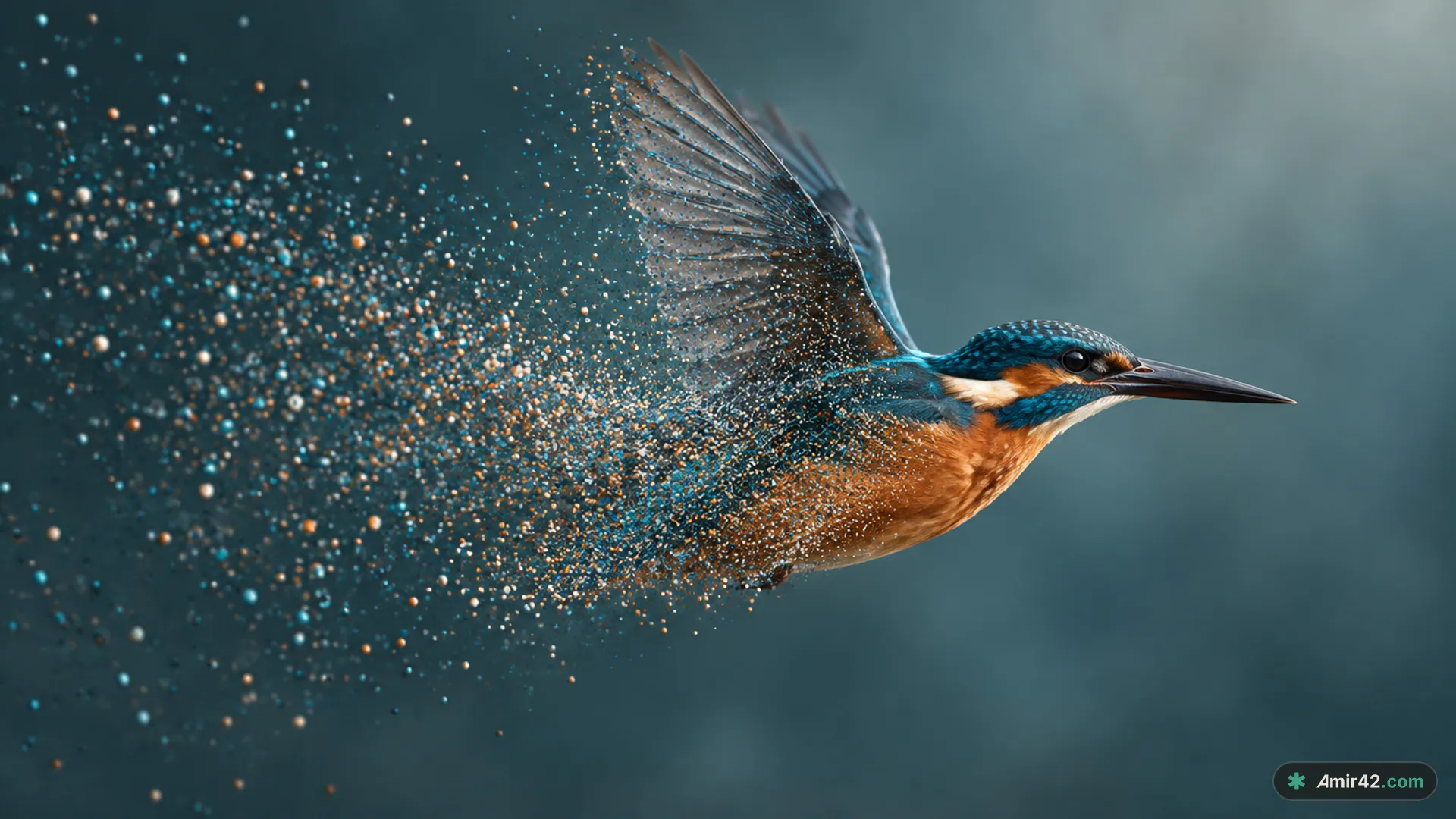 A kingfisher in flight, sharp and fully formed at its head and breast and dissolving toward its tail into a cloud of thousands of small teal, orange and ivory points, against a misty petrol-blue ground