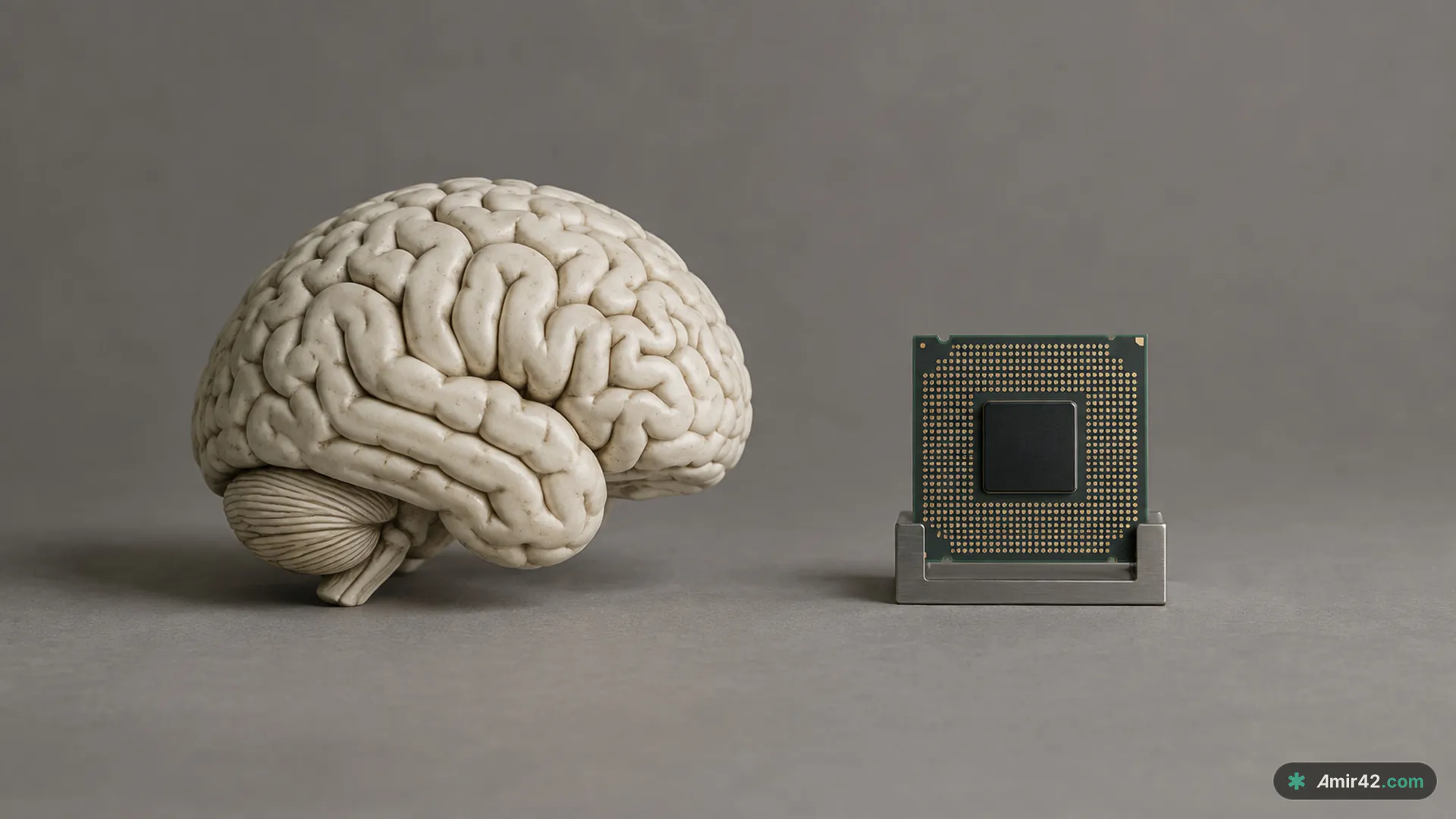 A matte anatomical model of a human brain beside a bare silicon processor standing in a metal holder, photographed side by side on a warm grey studio backdrop