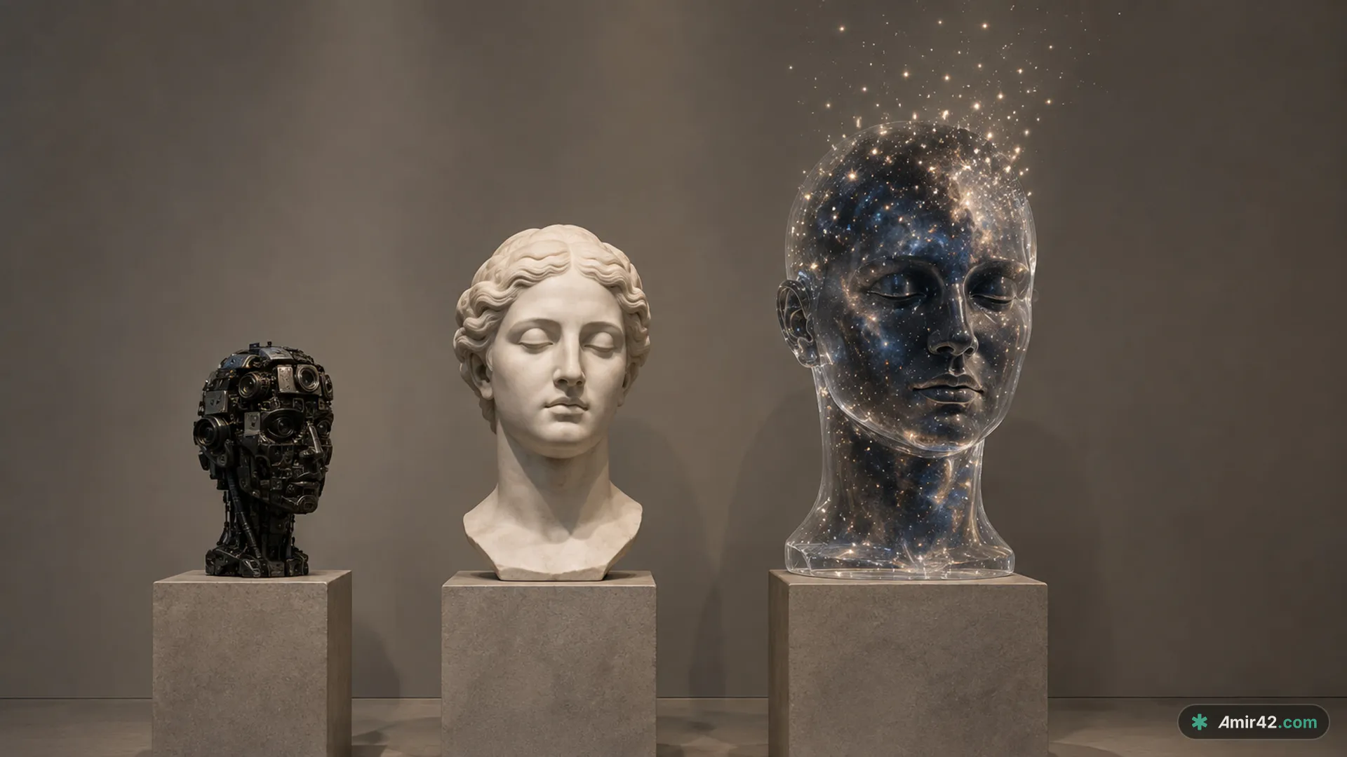 Three sculpted heads on stone plinths in a gallery, larger from left to right: a small head built of dark machine parts, a white marble human bust, and a tall glass head holding a field of stars that drifts upward from its crown