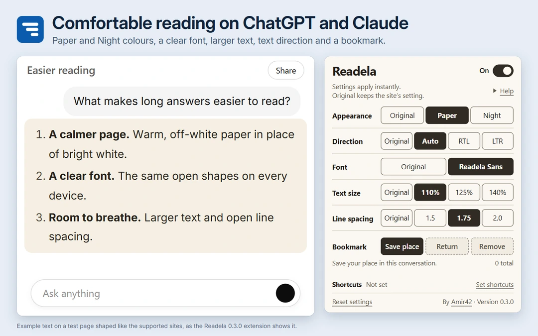 A chat answer shown on warm off-white paper in a clear font, beside the Readela popup with Paper, Auto direction, Readela Sans, 110% text and 1.75 line spacing selected.