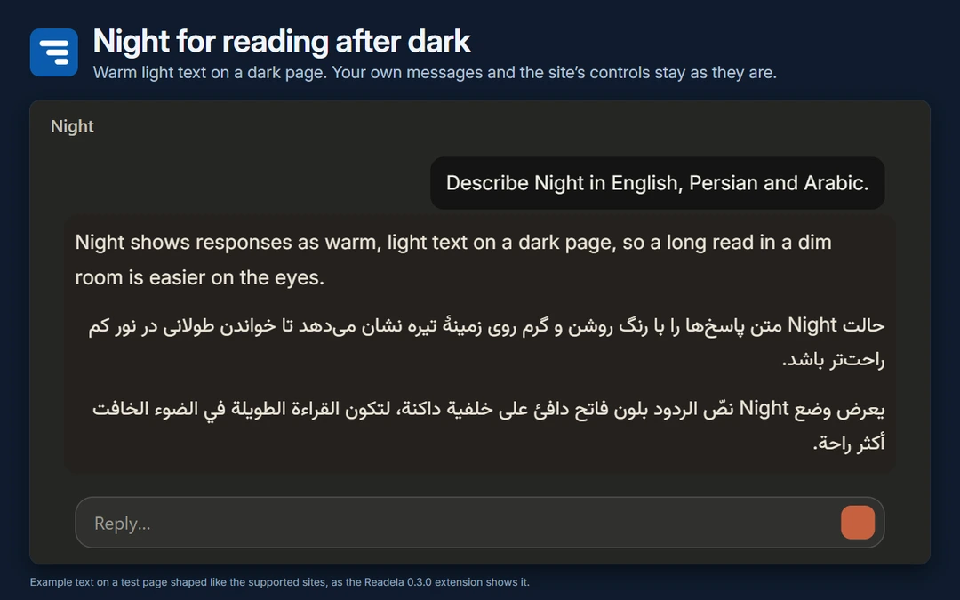 A chat answer in Night: warm light text on a dark background, with one paragraph each in English, Persian and Arabic.