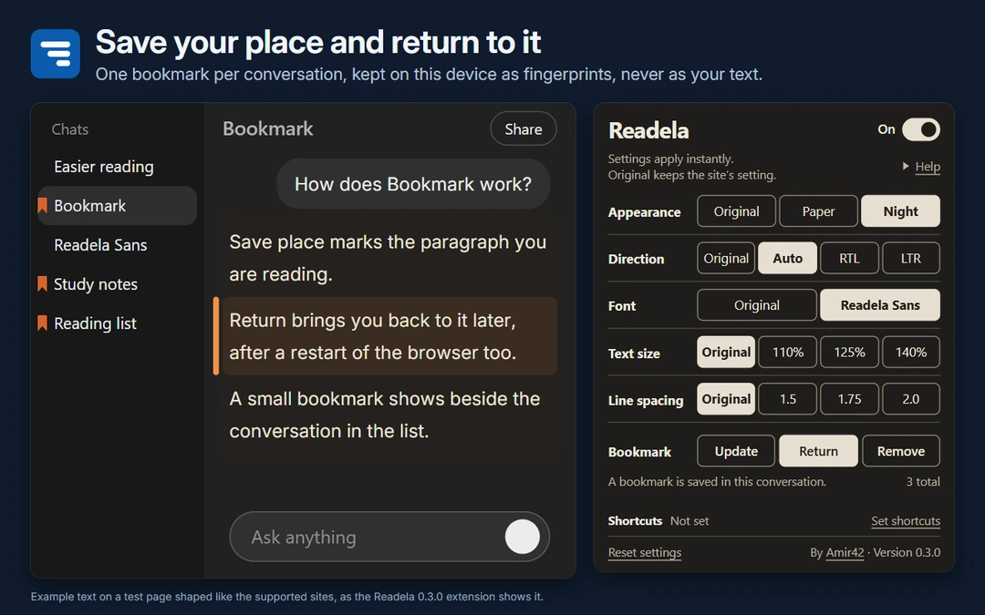 A dark chat page with one paragraph marked by an orange bar as the saved place, orange bookmark markers beside three conversations in the sidebar, and the Readela popup showing Update, Return and Remove with 3 bookmarks in total.